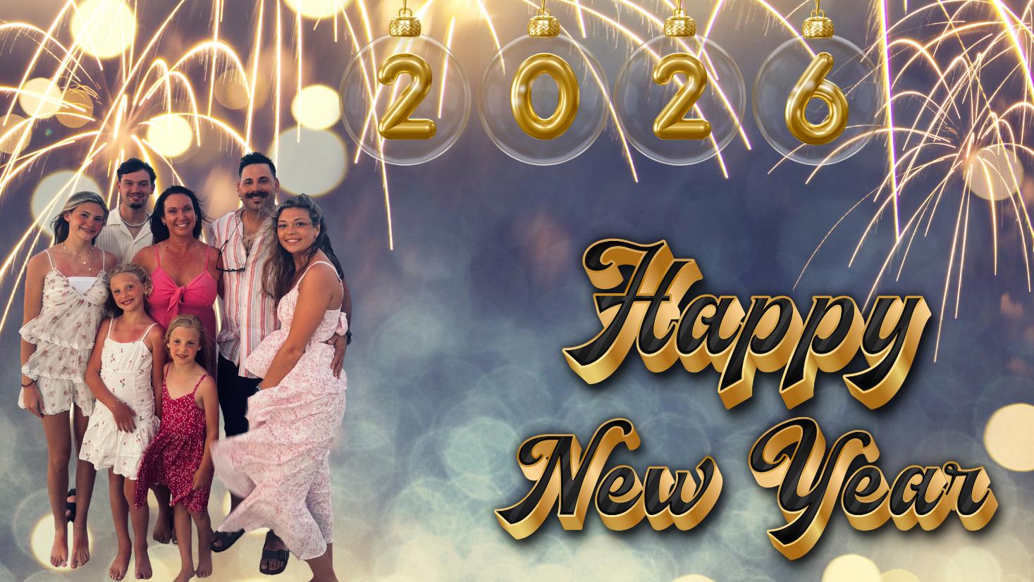 Family posing for a photo with fireworks and 'Happy New Year 2026' text.
